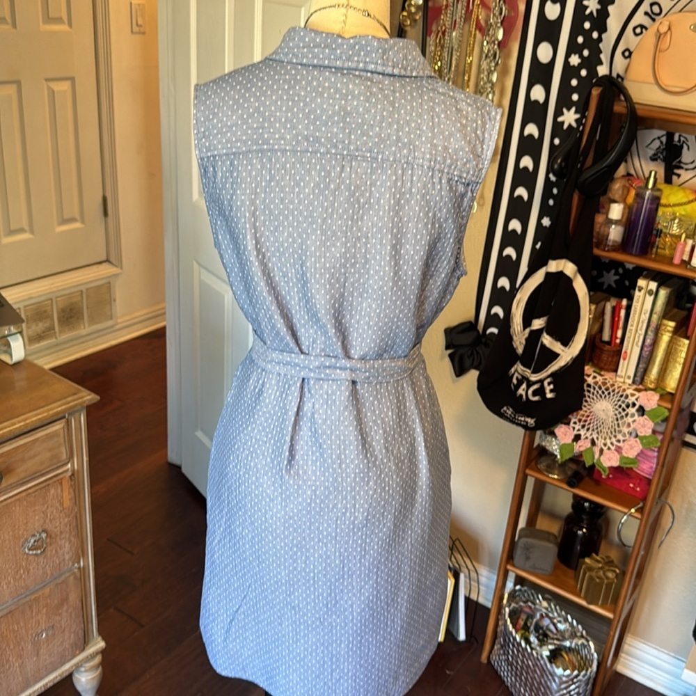 Tommy Hilfiger mini dress white polka dot/ blue collared belted half button sz10 - Picture 8 of 12